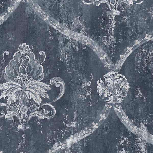 Regal Damask Wallpaper in Blue and Silver