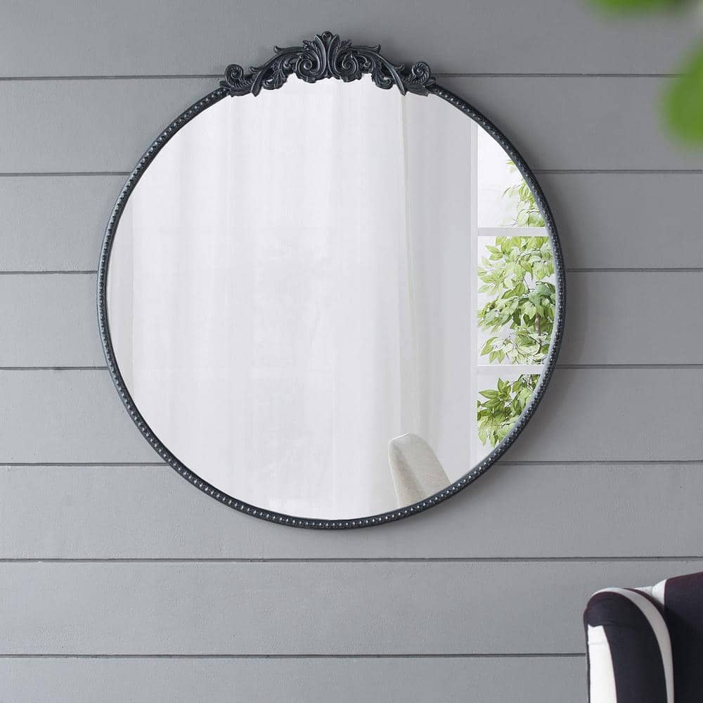 30 in. W x 30 in. H Round Framed Wall Bathroom Vanity Mirror with Baroque D