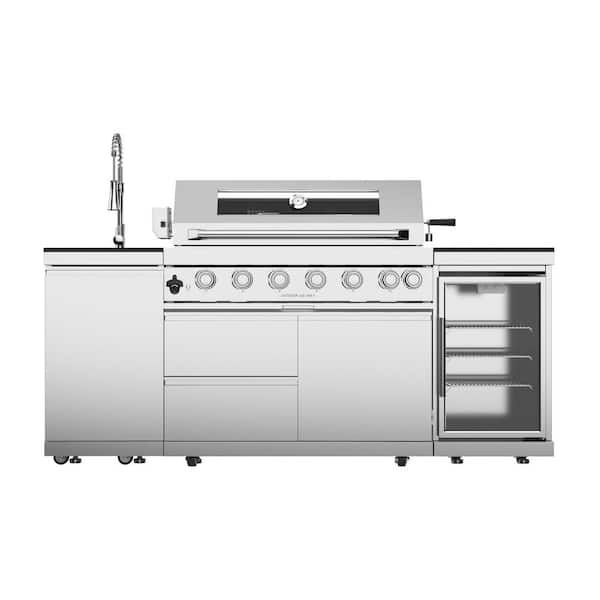 6-Burner Propane Gas Outdoor Kitchen Grill Island in Stainless Steel, with Wine Cooler, Compact Refrigerator