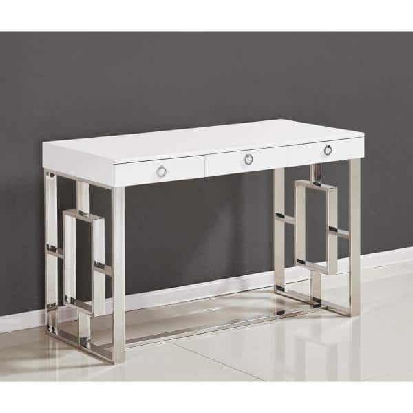 Luxe White High Gloss 47" Writing Desk with Stainless Steel Frame & Drawers