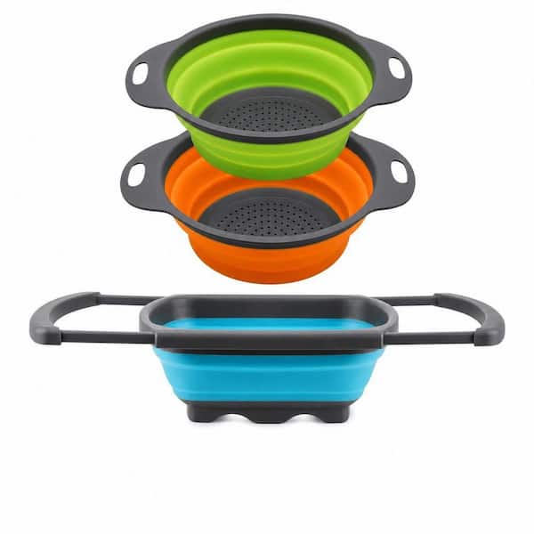 Collapsible Over-the-Sink, Colorful, Space-Saving Food-Grade Plastic Colander Set of 3