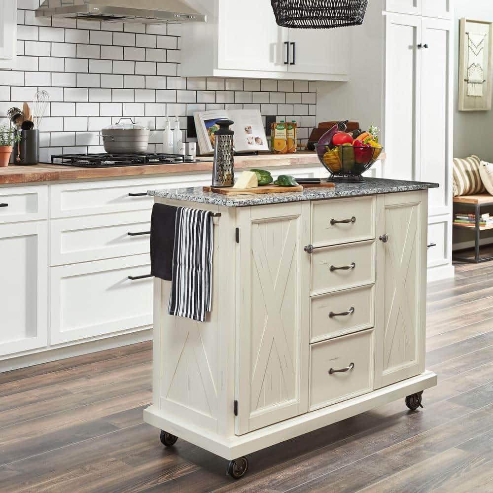 Off-White Granite Top Kitchen Cart with Storage