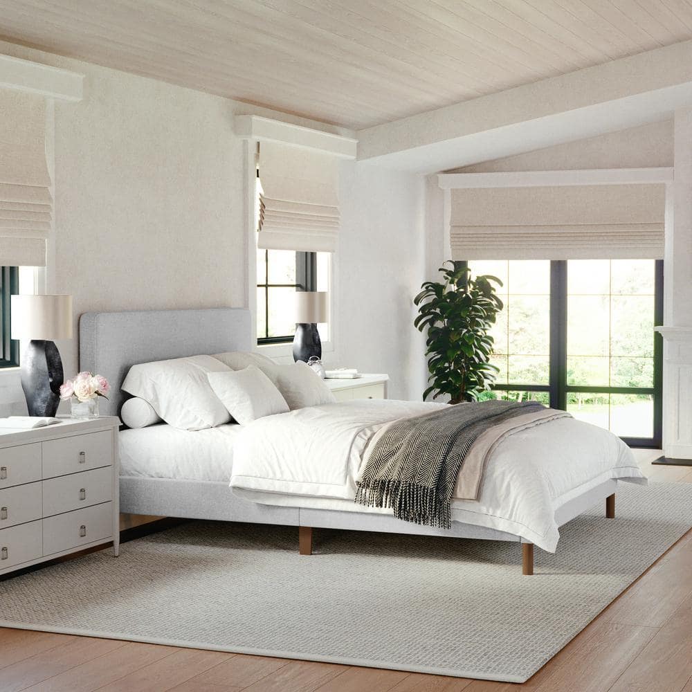 Gray Queen Upholstered Platform Bed with Linen Headboard