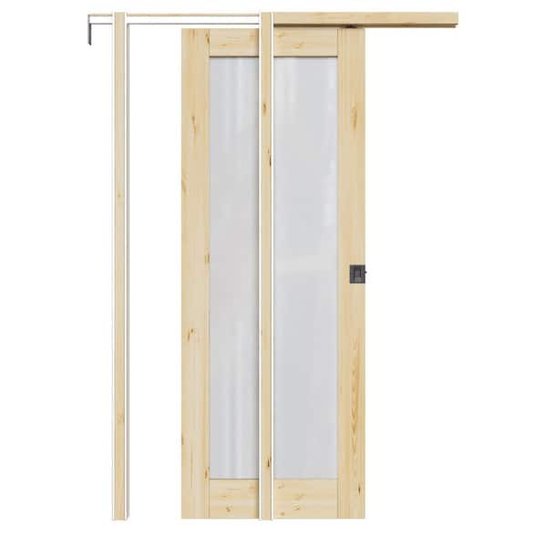ARK DESIGN 32 in. x 80 in. 1-Lite Frosted Glass Unfinished Pine Wood Pocket Door with Hardware (Soft Close and Black Lock Included)