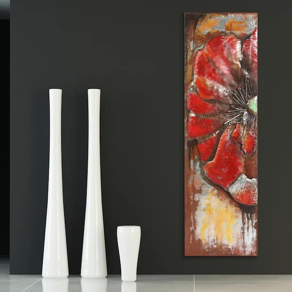 60 in. x 18 in. "Red Poppy Detail" Mixed Media Iron Hand Painted Dimensional Wall Art