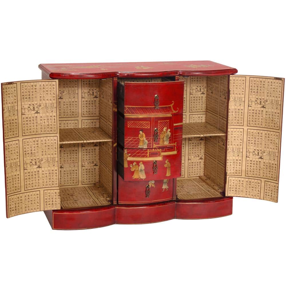 Hand-Painted Red and Gold Lacquer Wood Accent Cabinet