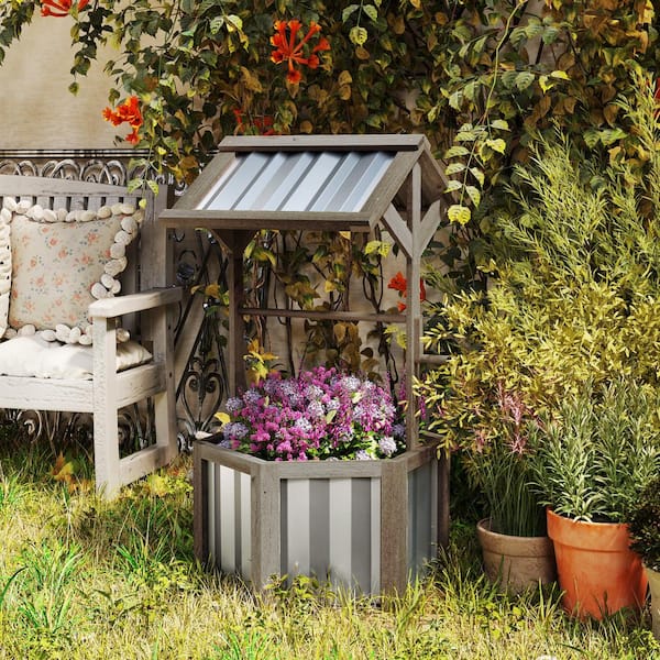 Outsunny - 25.6 in. Wood Wishing Well Planter with Galvanized Canopy, Light Gray(1-Pack)