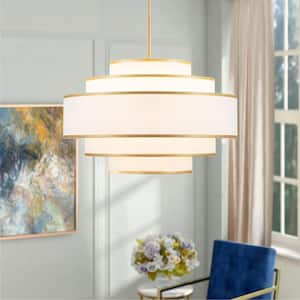 30 in. 7-Light Gold Tiered Drum Chandelier with White Fabric Shades