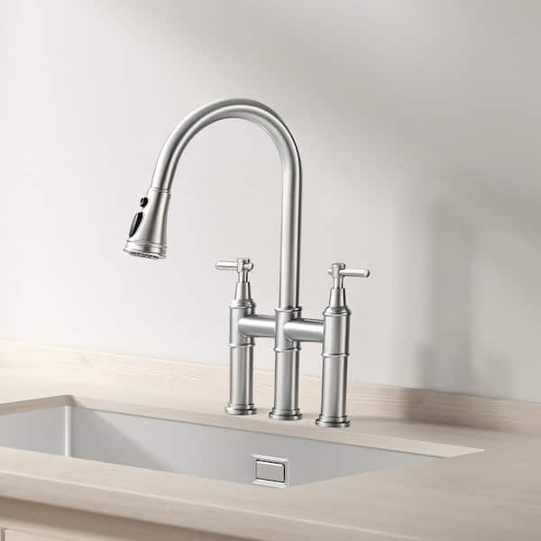 Double Handle Bridge Kitchen Faucet with Pull-Down Spray Head in Brushed Nickel