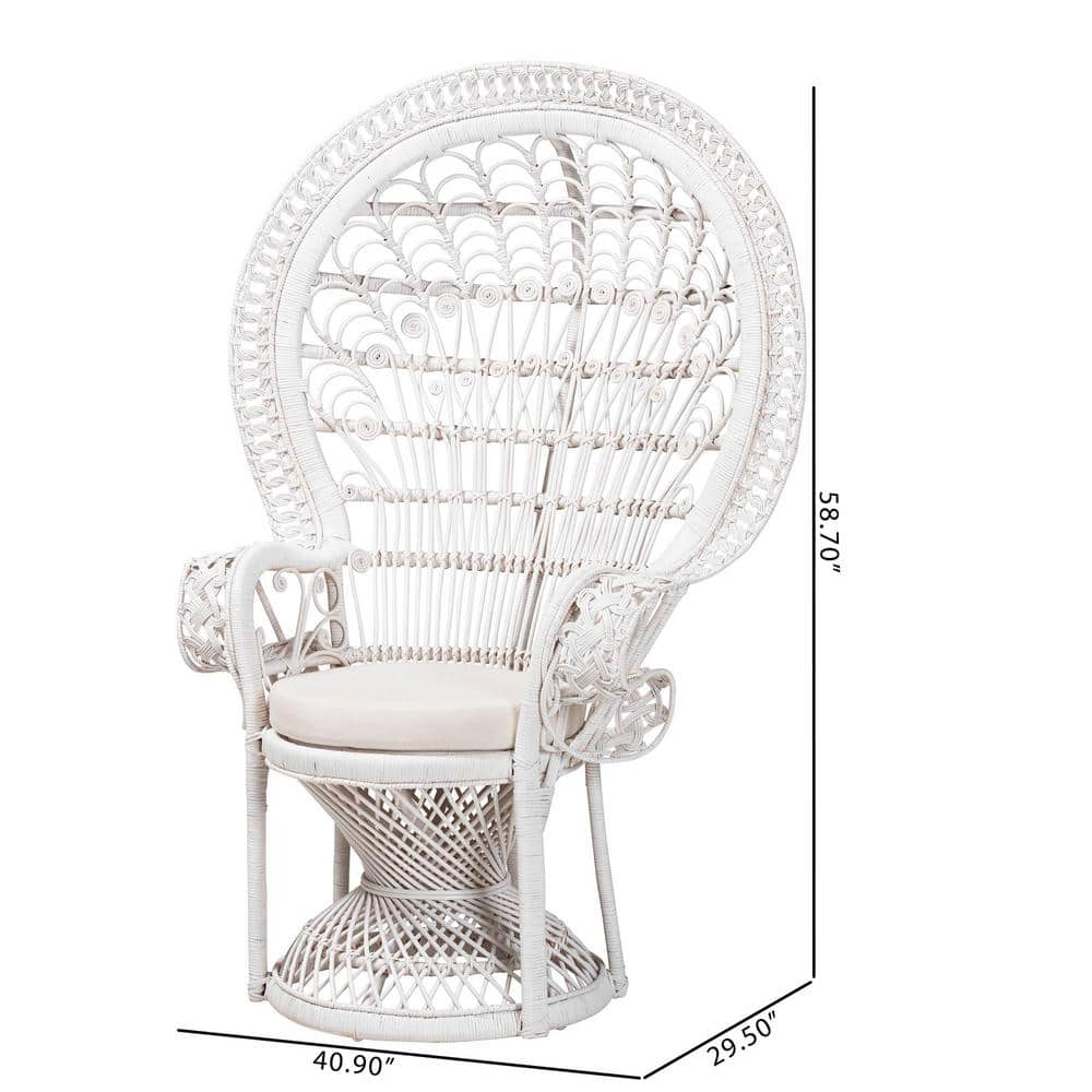 Handcrafted White Rattan Peacock Accent Chair with Geometric Design