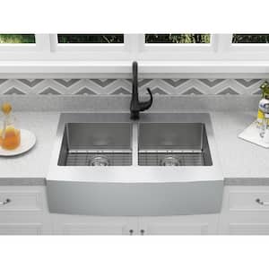Brimley Retrofit Dual Mount Stainless Steel 33 in. 1-Hole 50/50 Double Bowl Curved Farmhouse Apron Front Kitchen Sink