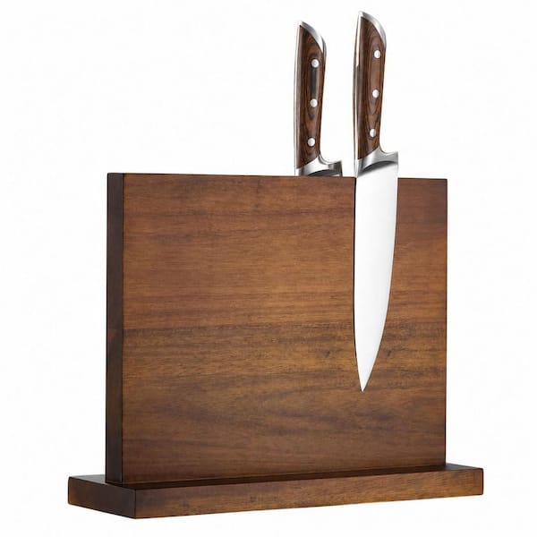 Double Sided Magnetic Knife Holder Block, Wooden Universal Knife Stand with Strong Magnets for Kitchen Counter