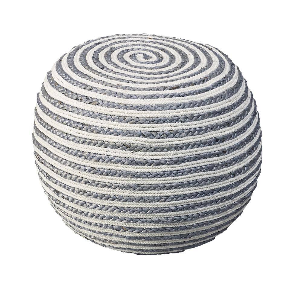 Gray and White Braided Jute Round Pouf, 20"