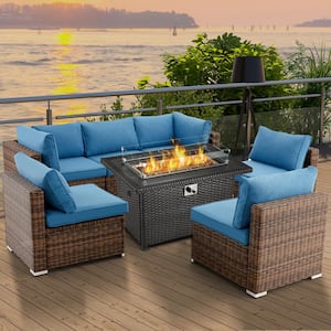 7-Piece Wicker Patio Conversation Set with 44 in. Black 50,000 BTU Fire Pit Table/Wind Guard in Blue Cushion