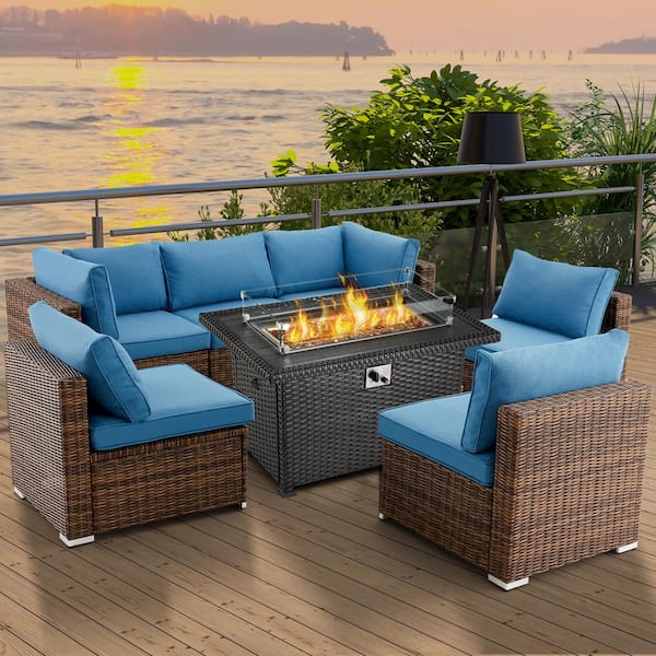 Cesicia 7-Piece Wicker Patio Conversation Set with 44 in. Black 50,000 BTU Fire Pit Table/Wind Guard in Blue Cushion