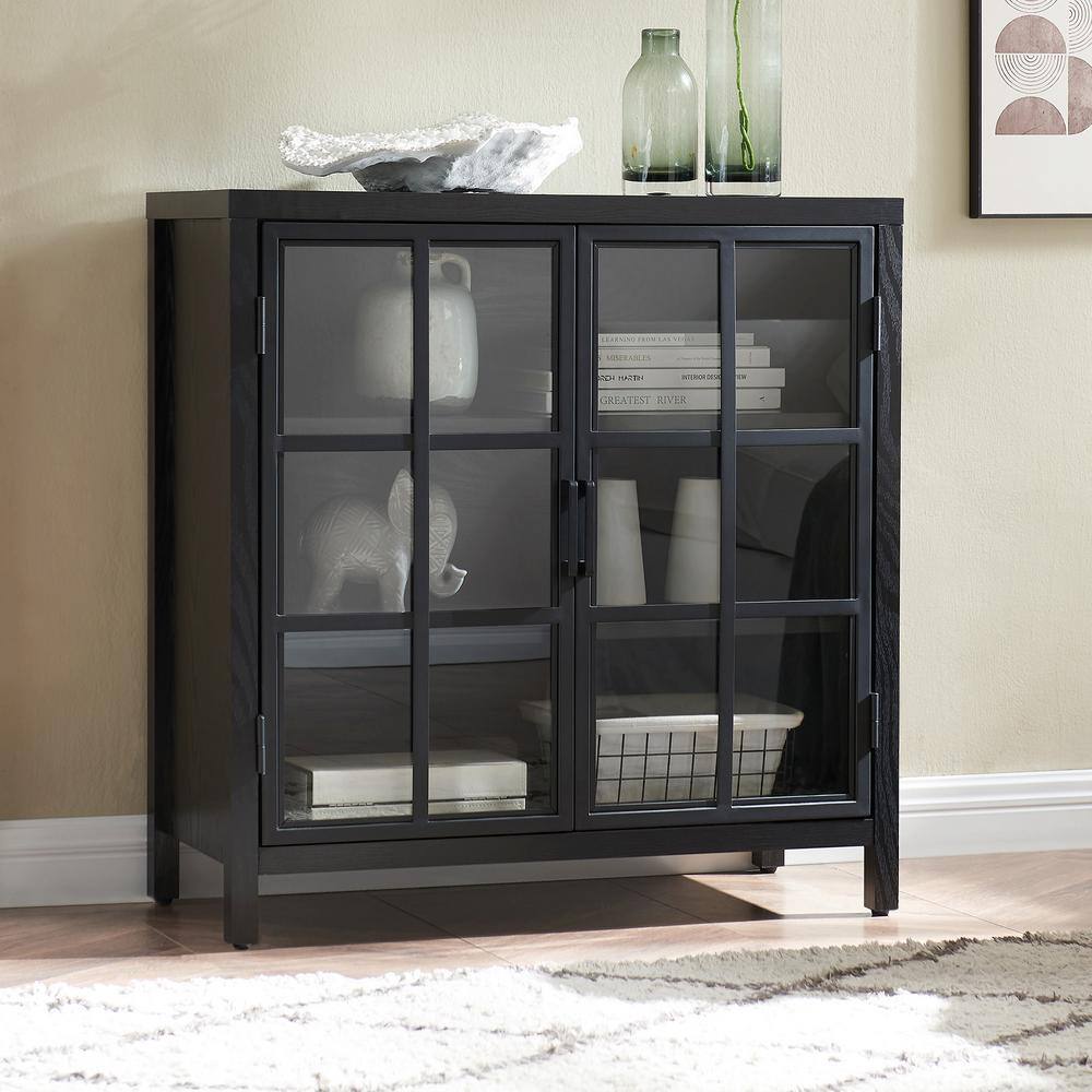Black Grain MDF and Metal Office Accent Cabinet with Adjustable Shelving