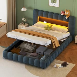 Dark Blue Wood Frame Queen Size Linen Upholstered Platform Bed with Hydraulic Storage, LED Lights, USB Port, Inner Shelf