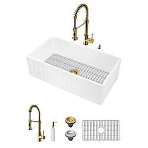 Matte Stone White Composite 33 in. Single Bowl Slotted Farmhouse Kitchen Sink with Faucet in Matte Gold and Accessories