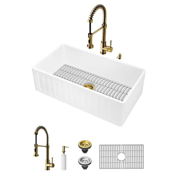 VIGO Matte Stone 33" Single Bowl Farmhouse Apron Front Undermount Kitchen Sink with Faucet in Gold and Accessories