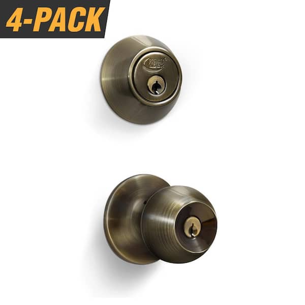 Premier Lock Antique Brass Entry Door Knob Combo Lock Set with Deadbolt and  Total 24-Keys, Keyed Alike (4-Pack) ED04-4 - The Home Depot