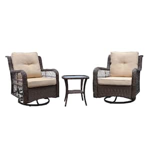 3 Piece Wicker Conversation Set of Outdoor Bistro 360 Degree Swivel Rocking Chair Set Coffee Table with Khaki Cushion