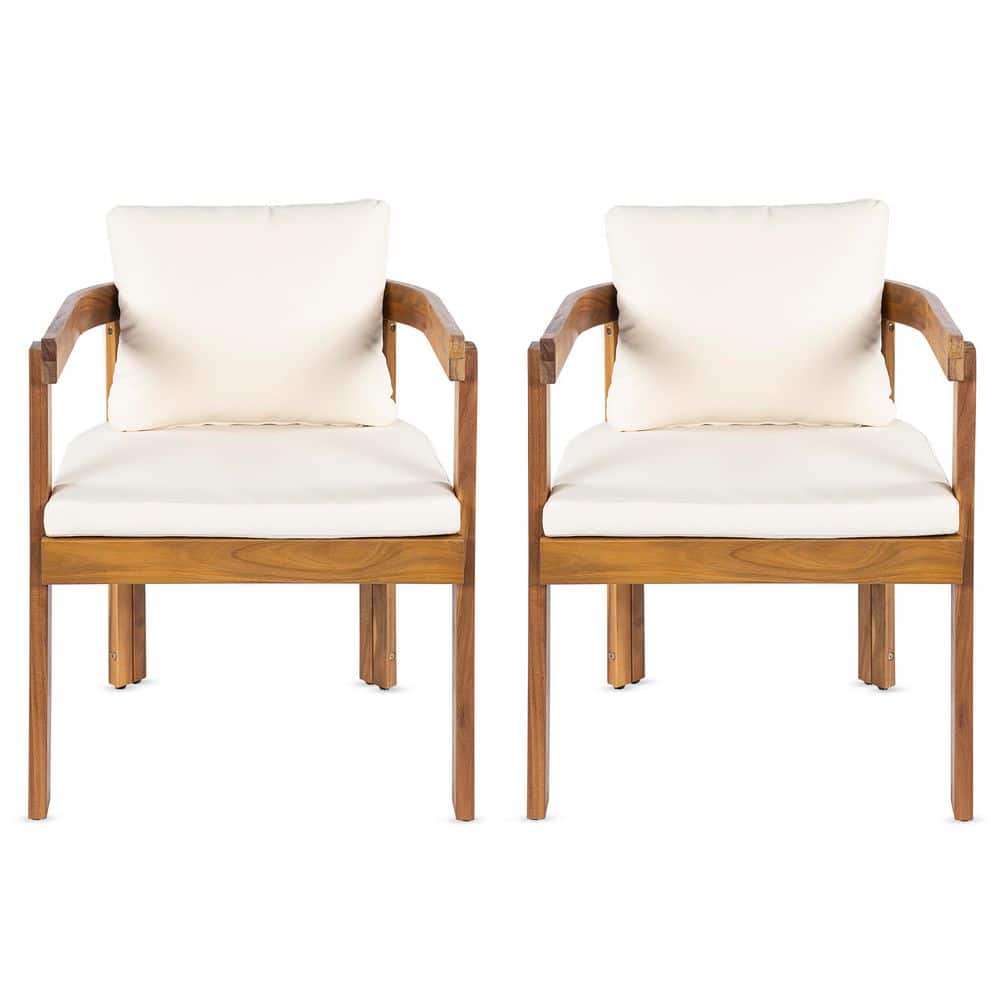 Gevvie Teak Wood Outdoor Dining Chair with Cream Cushion, Set of 2