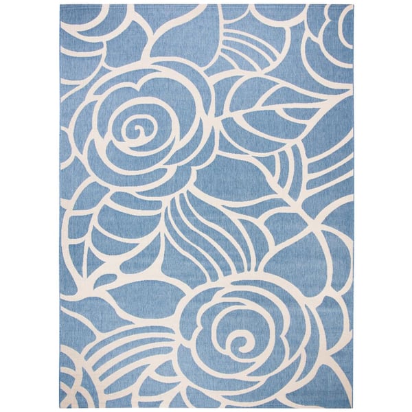 Courtyard Blue/Beige 7 ft. x 10 ft. Floral Indoor/Outdoor Patio  Area Rug