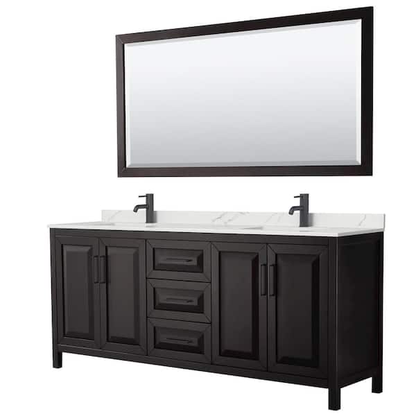 Wyndham Collection Daria 80 in. W x 22 in. D x 35.75 in. H Double Bath Vanity in Dark Espresso with Giotto Quartz Top and 70 in. Mirror