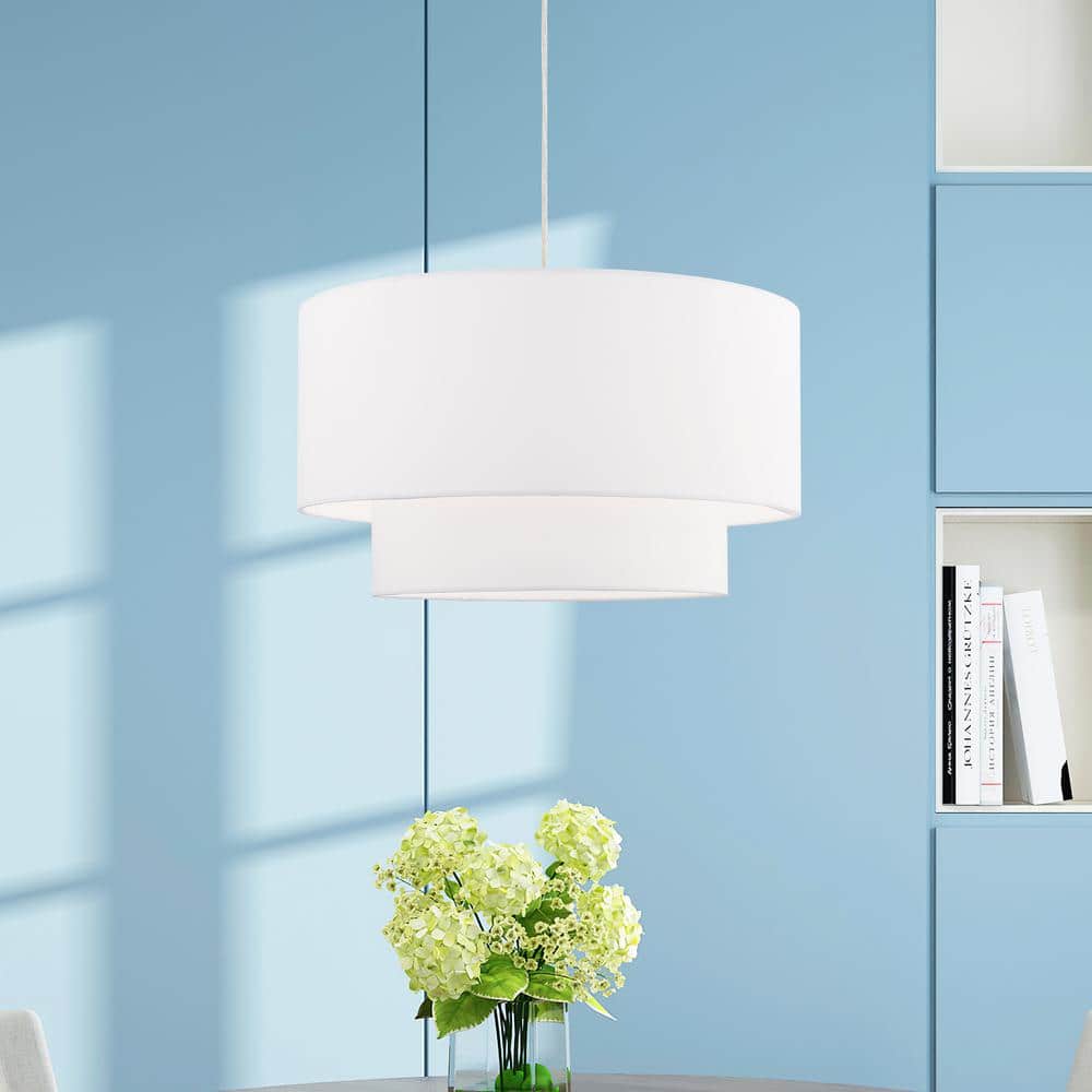 Elegant Brushed Nickel Drum Pendant with Off-White Fabric Shade