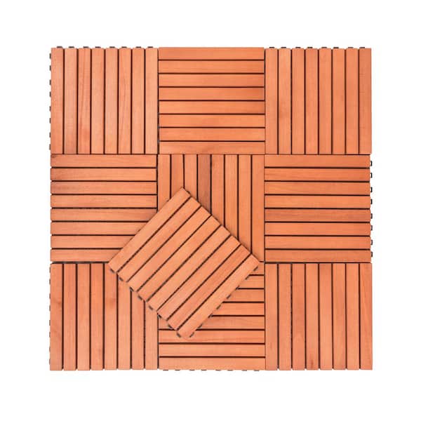 ITOPFOX 11 in. x 11 in. 8-Slat Reddish Brown Wood Interlocking Deck Tile, Covering for Outdoor, Indoor (Set of 10 Tiles)