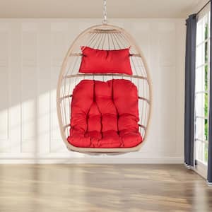 28.7x28.5x55.6" Rattan Red Cushion Swing Chair Durable Outdoor Garden Rattan Egg Swing Chair