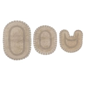 Hampton Crochet Reversible 100% Cotton Bath Rug, 3-Pcs Set with Contour, Linen