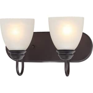 Mari 2-Light Indoor Antique Bronze Bath or Vanity Light Bar or Wall Mount with White Frosted Glass Bell Shades