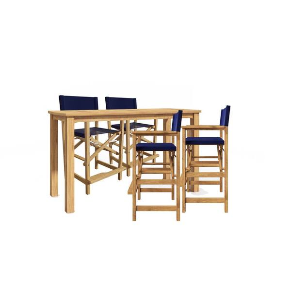Unbranded Direceur 5-Piece Teak Rectangle Counter Height Outdoor Dining Set in Blue