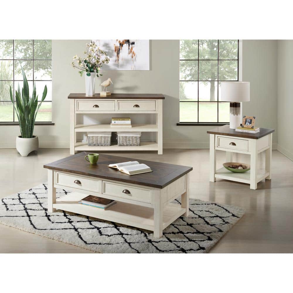 Monterey 50" Cream White and Brown Pine Coffee Table with Storage