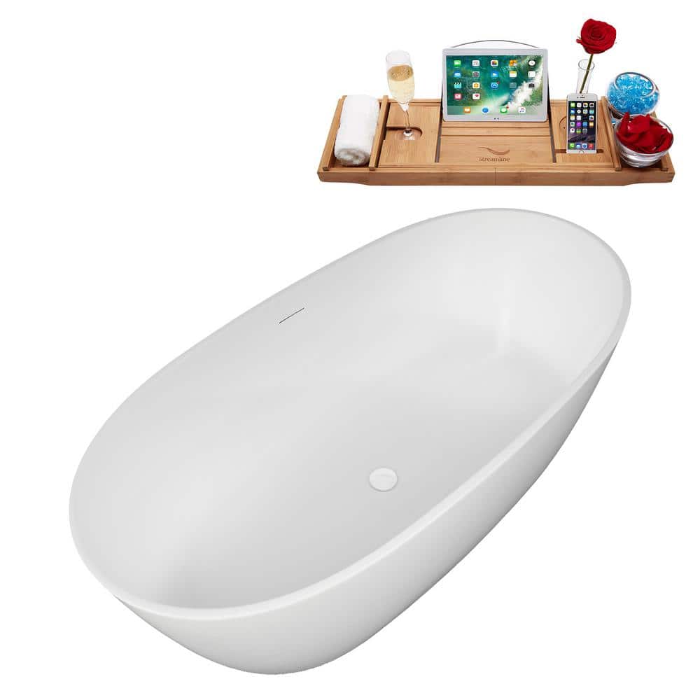 59" Glossy White Acrylic Freestanding Soaking Tub with Tray