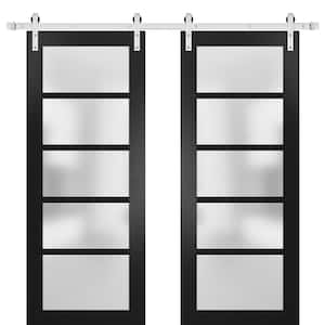 56 in. x 84 in. 5-Panel Black Finished Solid MDF Sliding Door with Double Barn Hardware