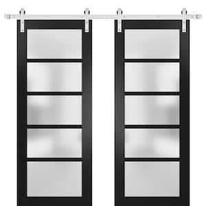 60 in. x 84 in. 5-Panel Black Finished Solid MDF Sliding Door with Double Barn Hardware