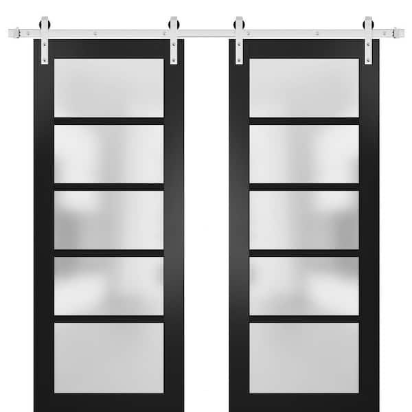 Sartodoors 60 in. x 84 in. 5-Panel Black Finished Solid MDF Sliding Door with Double Barn Hardware