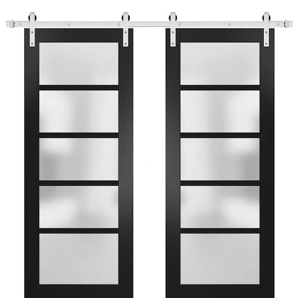 Sartodoors 64 in. x 80 in. 5-Panel Black Finished Solid MDF Sliding Door with Double Barn Hardware