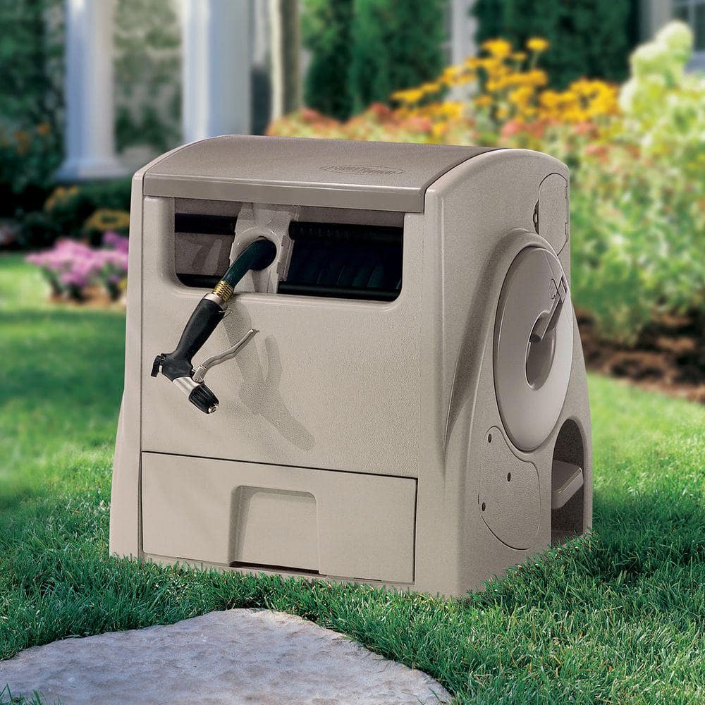Taupe Resin Automatic Rewind Garden Hose Reel