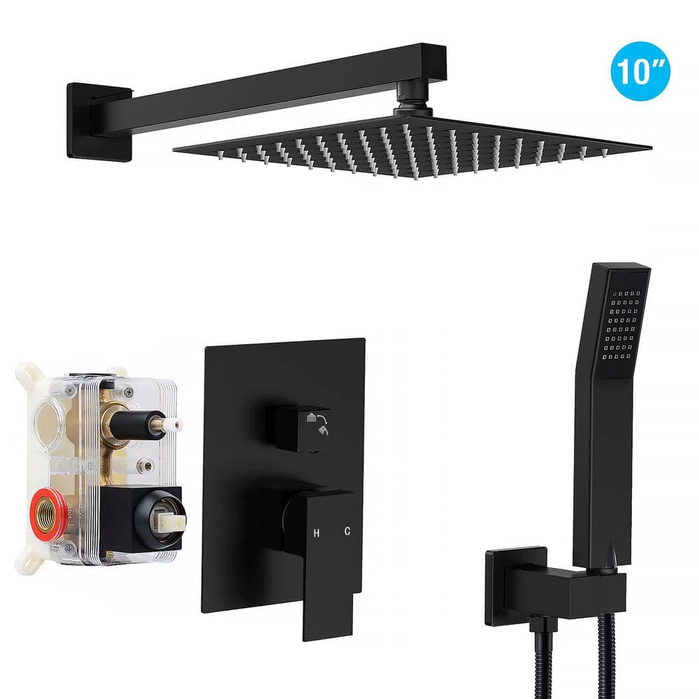1-Spray Square High Pressure 10 in. Shower Head with Brass Valve and Handhe