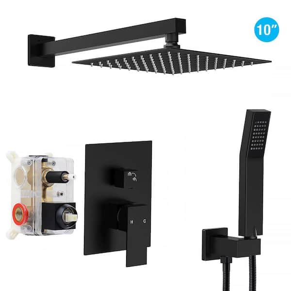 AKLFGN 1-Spray Square High Pressure 10 in. Shower Head with Brass Valve and Handheld Shower Matte Black