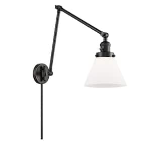 Cone 8 in. 1-Light Matte Black Wall Sconce with Matte White Glass Shade with On/Off Turn Switch