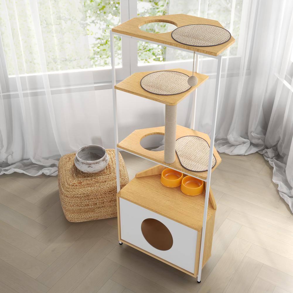 Corner Cat Tower with Scratching Post and Feeding Station