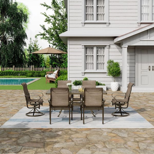 7-Piece Brown Cast Aluminum Outdoor Patio Dining Set with Rectangular Retro Table and Textilene Seat Chairs
