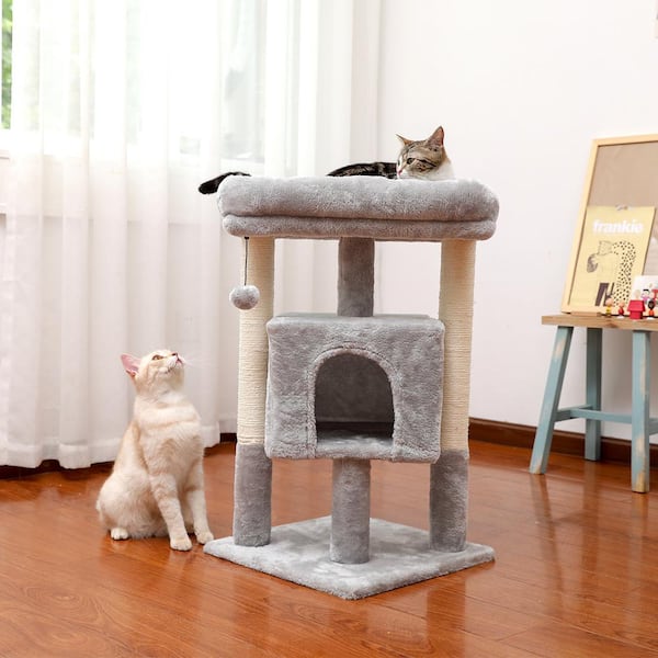 Small Cat Tree for Indoor Cats Polyester Plush Cat Tower with Beige Condos, Spacious Perch, Scratching Sisal Posts