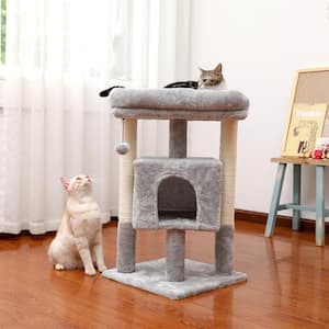 28.40 in. H Pet Cat Scratching Posts and Trees Cat Bed with Condos and Replaceable Dangling Balls in Gray