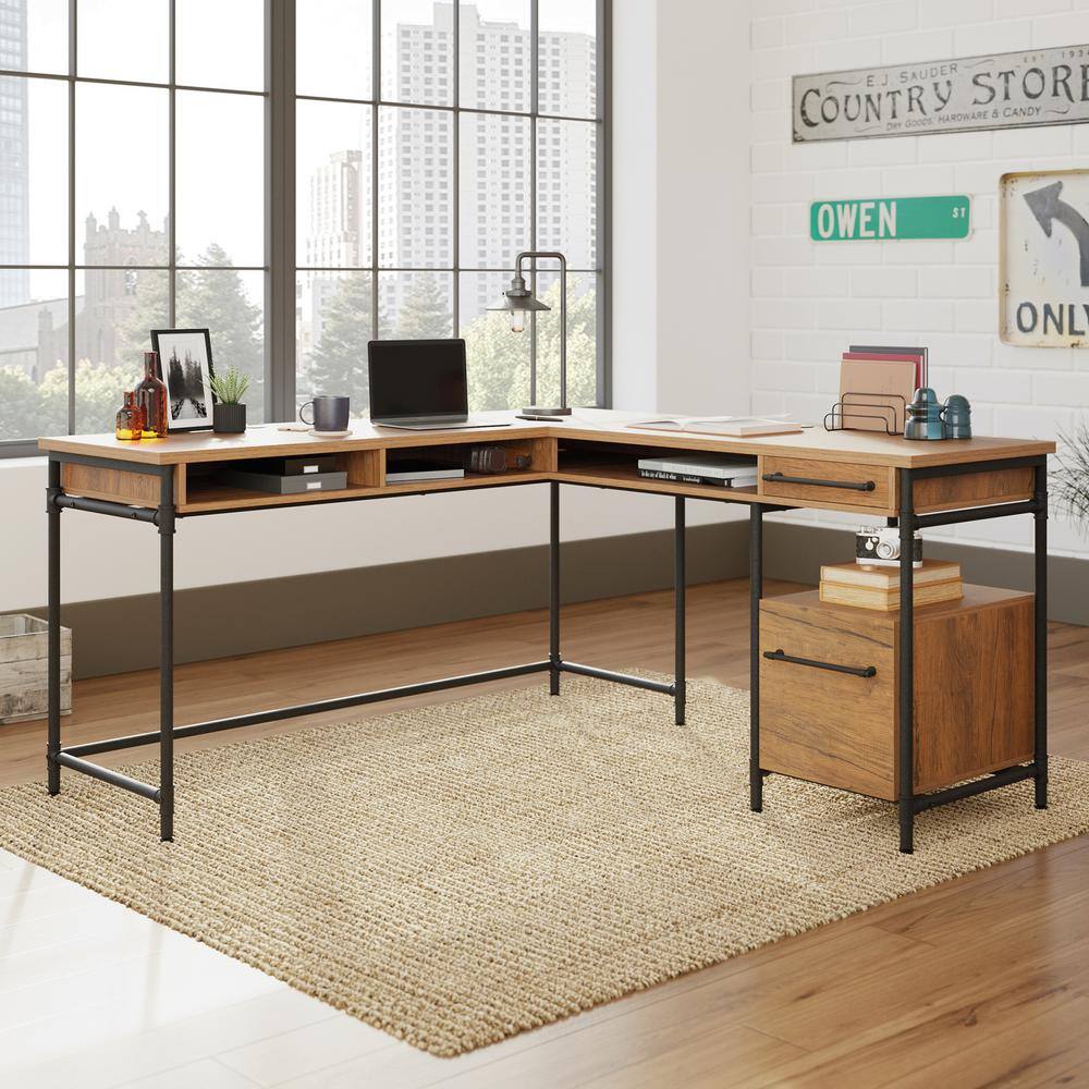 Brown Wood L-Shaped Computer Desk with Drawer and Filing Cabinet