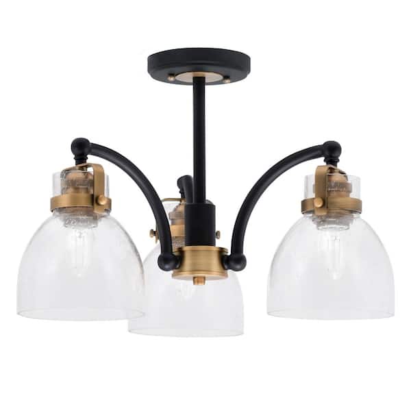 Unbranded Decatur 16.75 in. 3-Light Black and Brass Semi-Flush with 6 in. Clear Bubble Glass Shade No Bulbs Included